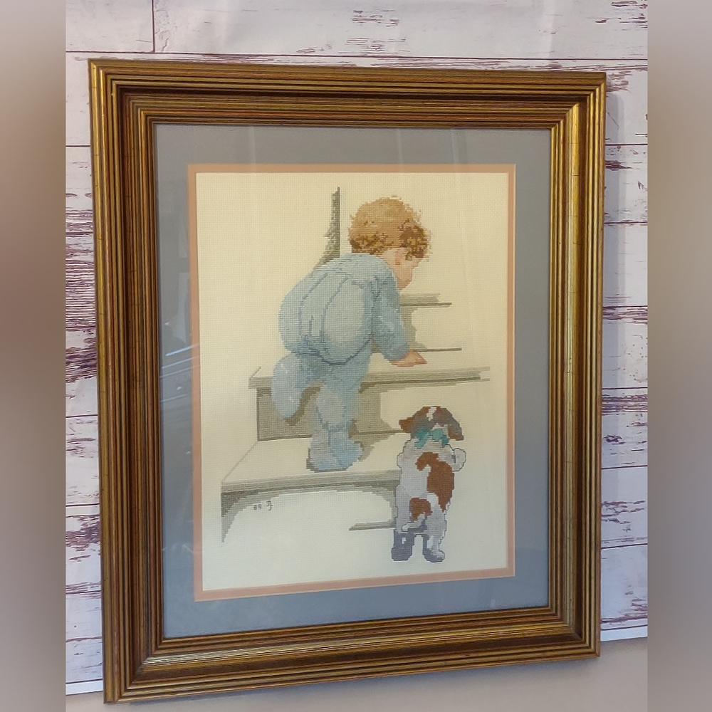Vintage 1980s Bessie Pease Gutmann Counted Cross Stitch Matted & Framed EUC